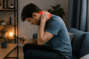 Man sitting on a sofa holds his reddened neck in pain while looking at his smartphone.