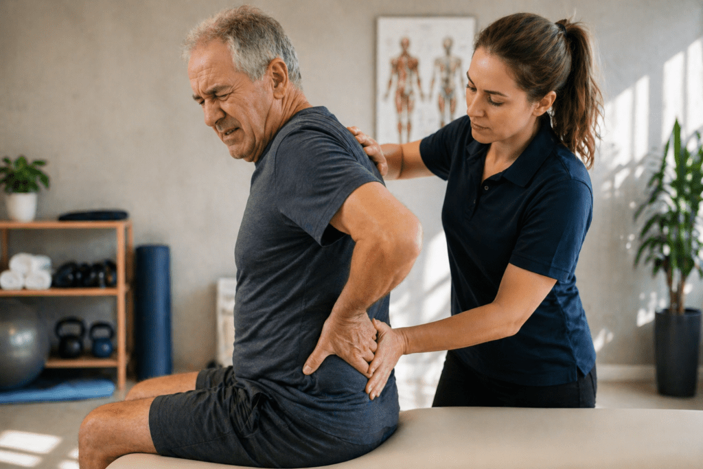 Chronic pain management Physical therapist supports an older man's lower back as he sits on a treatment table, guiding his movement while he grimaces in discomfort